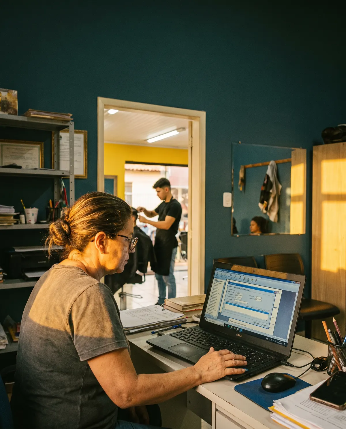 Dona de salão no notebook do escritório dos fundos, funcionário ao fundo