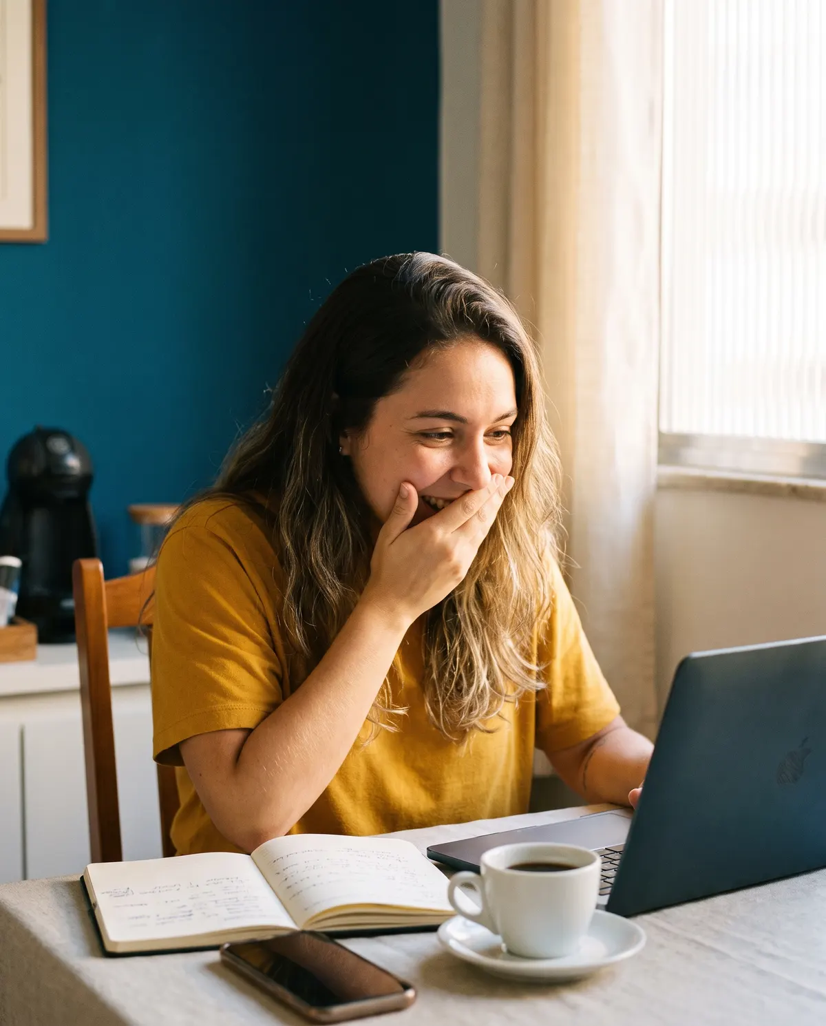 Jovem empreendedora na cozinha de casa conferindo o notebook e o celular ao mesmo tempo